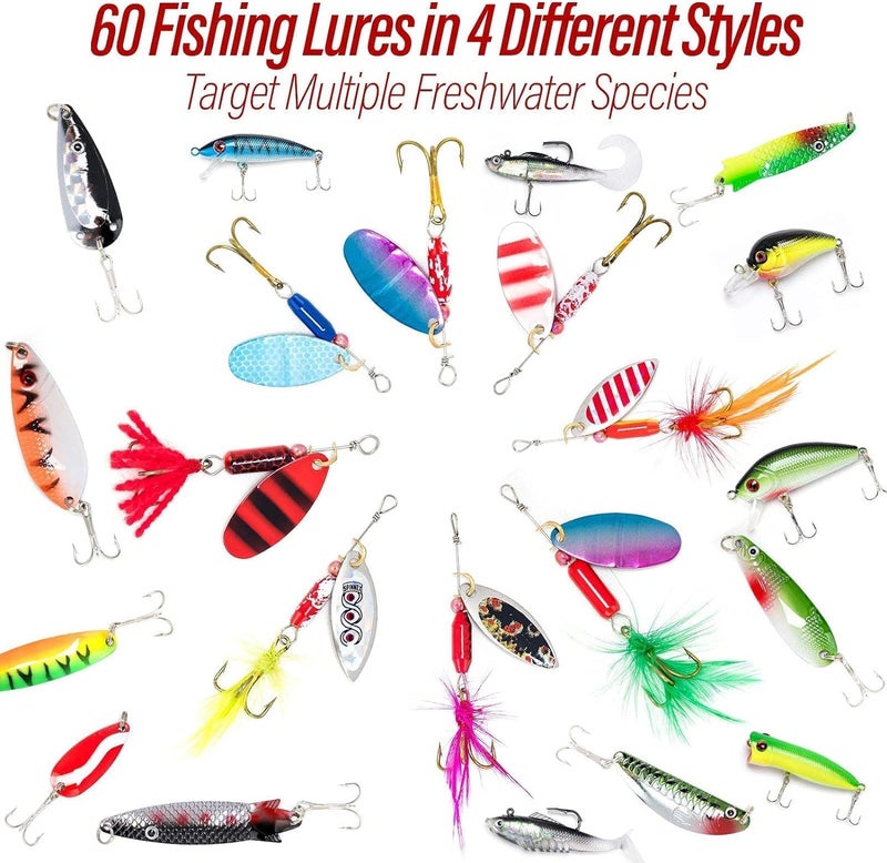 Dr.Fish Fishing Tackle Bag Loaded 5 Boxes 60 Lures Kit Crankbaits Spinners Roostertail Salmon Spoons Soft Plastic Shad Swimbiats Black - Image 4